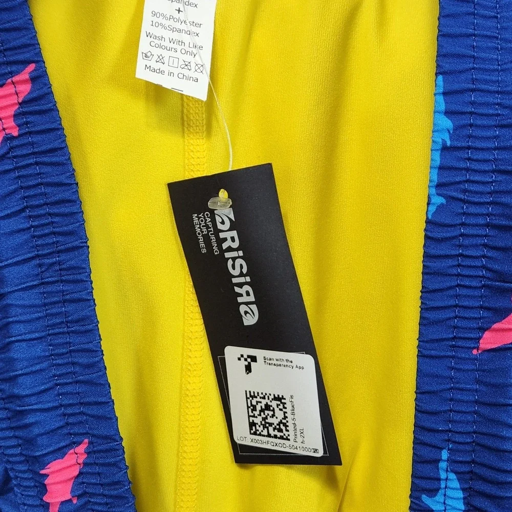 BRISIRA Swim Shorts Mens 38 2XL Blue Dolphin Print Stretch Drawstring Pocket NWT